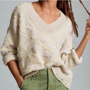 Anthropologie Textured Lilac Gray Yellow Floral V-neck  Chunky Cozy Sweater